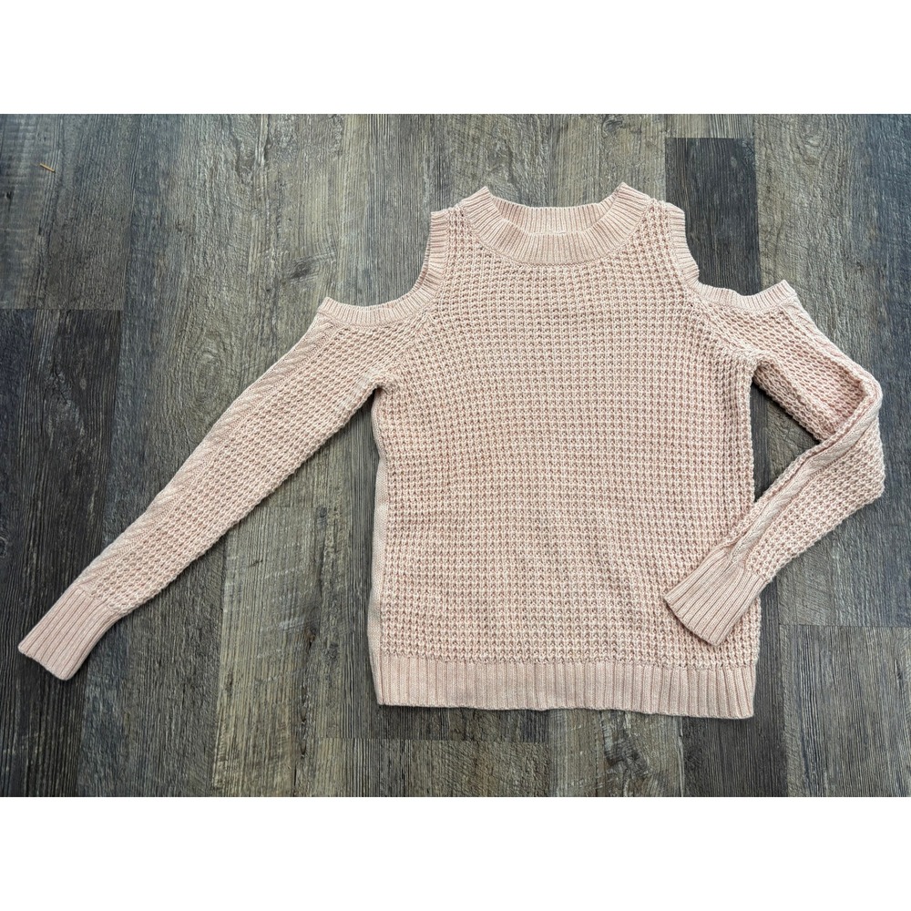 Loft Outlet Womens Small Blush Pink Cold Shoulder Waffle Knit Sweater Crew Neck